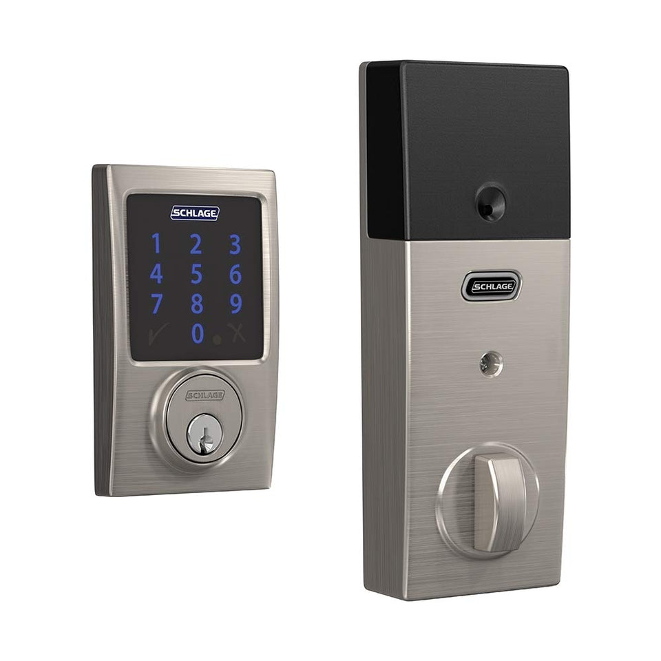 SCHLAGE BE469ZP CEN 619 front view in satin nickel showing durable security finish