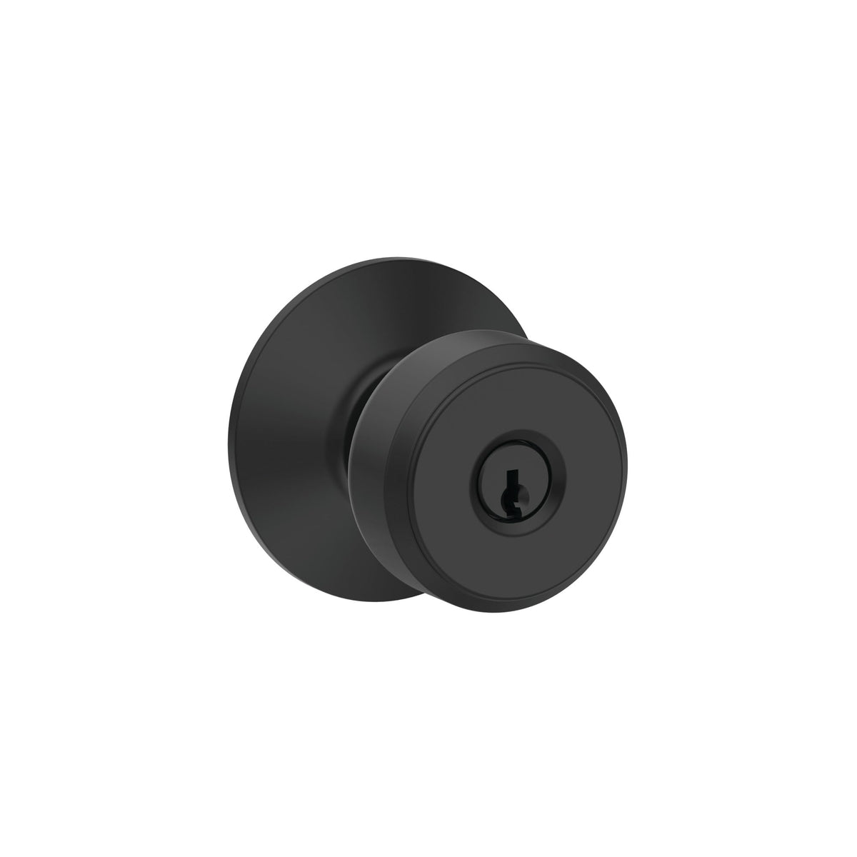 Bowery matte black knob on exterior door indicating keyed entry capability