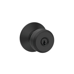 Bowery matte black knob on exterior door indicating keyed entry capability