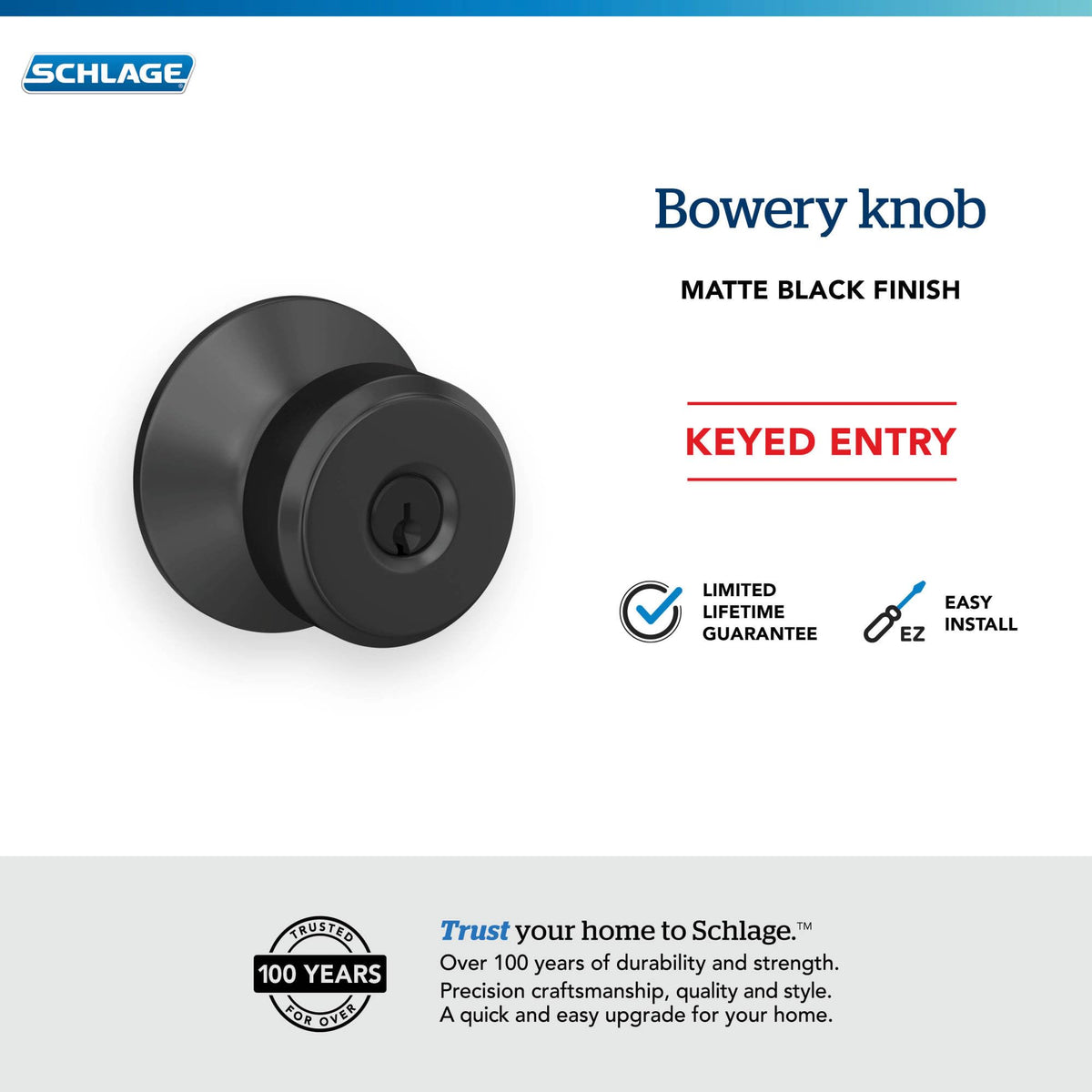 Bowery knob with universal latch fitting standard backsets for strength