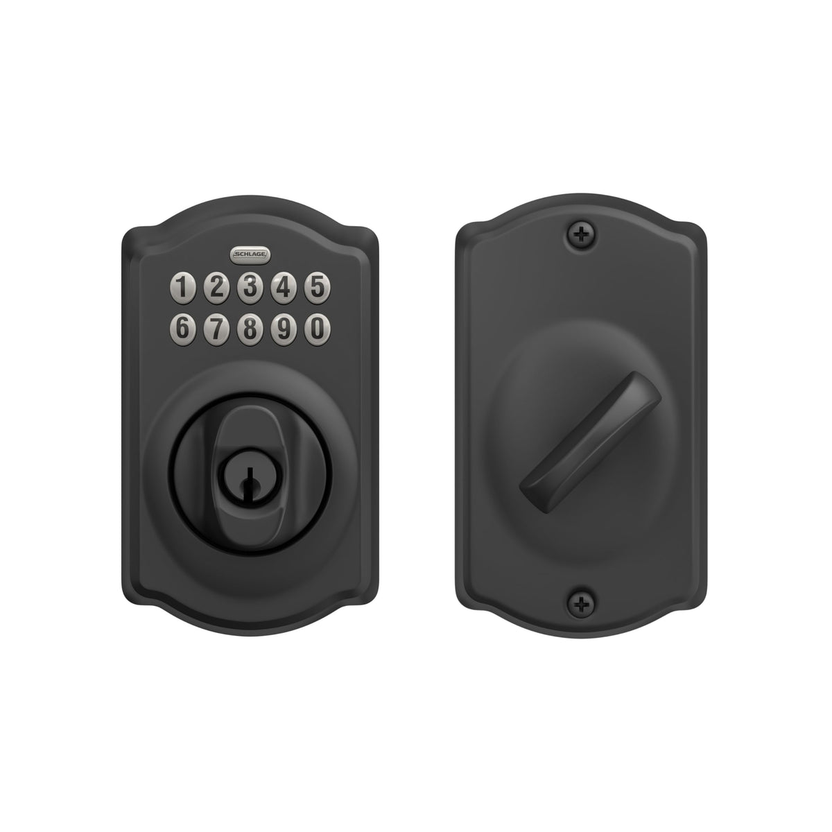 Schlage Camelot battery-powered operation, no wiring required, quick front-door setup.