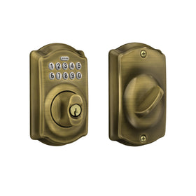 Schlage Camelot electronic keypad deadbolt on front door for convenient keyless entry.