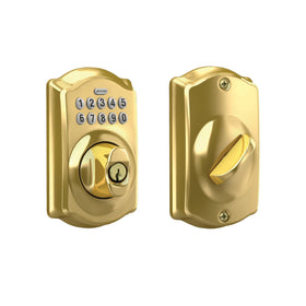 Schlage Camelot electronic keypad deadbolt on the front door enables keyless entry.