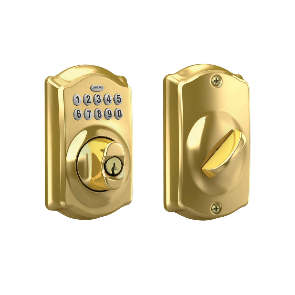 Schlage Camelot electronic keypad deadbolt on the front door enables keyless entry.