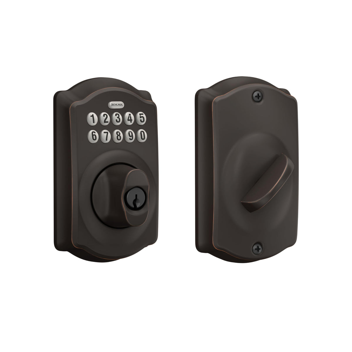 Schlage Camelot electronic keypad deadbolt on the front door offering keyless security.