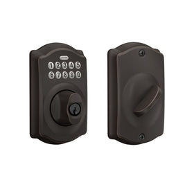 Schlage Camelot electronic keypad deadbolt on the front door offering keyless security.
