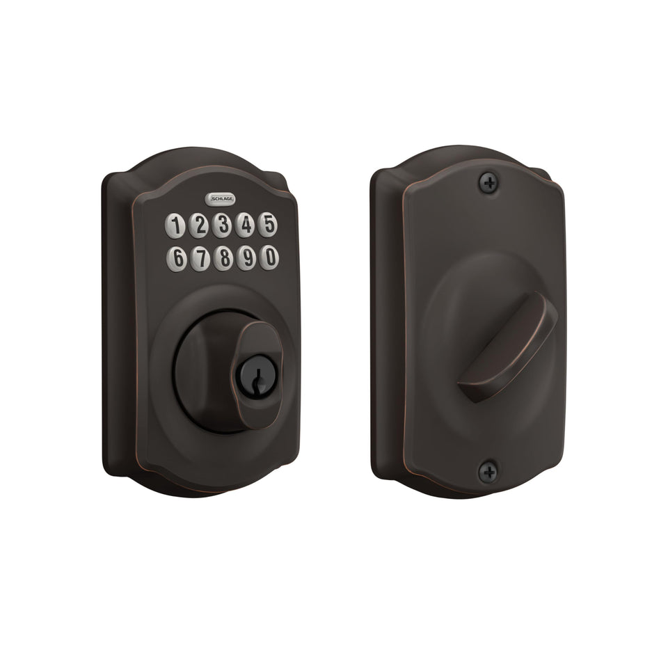 Schlage Camelot electronic keypad deadbolt on the front door offering keyless security.