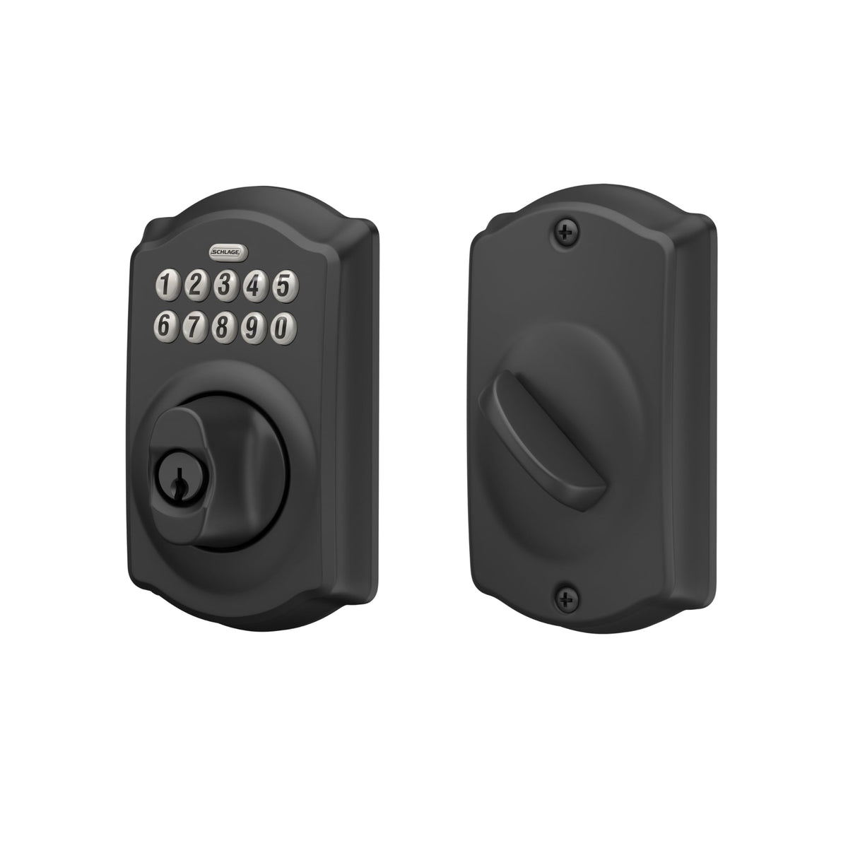 Schlage Camelot durable matte black finish and long-life electronics for daily use.