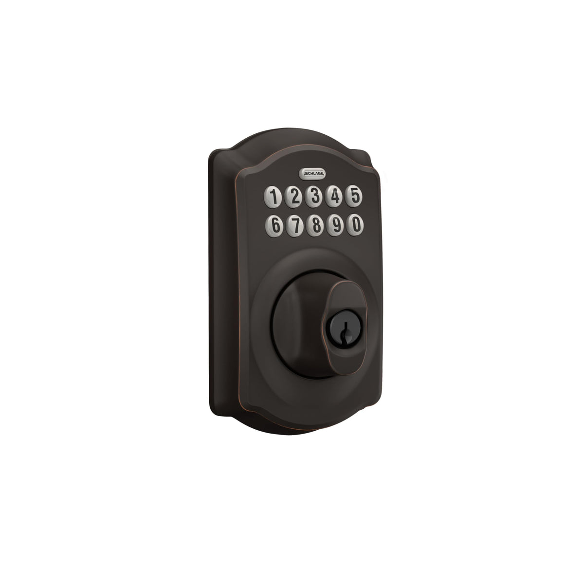 Schlage Camelot illuminated keypad buttons for easy entry in low light.