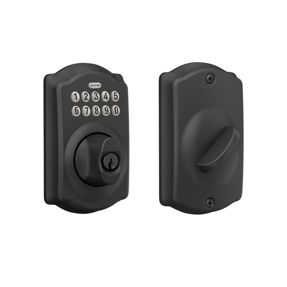 Schlage Camelot keypad deadbolt on a front door offering keyless entry.