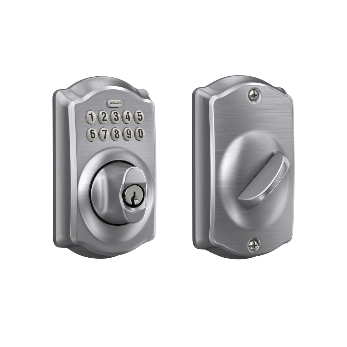 Schlage Camelot keypad deadbolt exterior with backlit numbers for easy night entry.