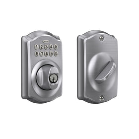 Schlage Camelot keypad deadbolt exterior with backlit numbers for easy night entry.