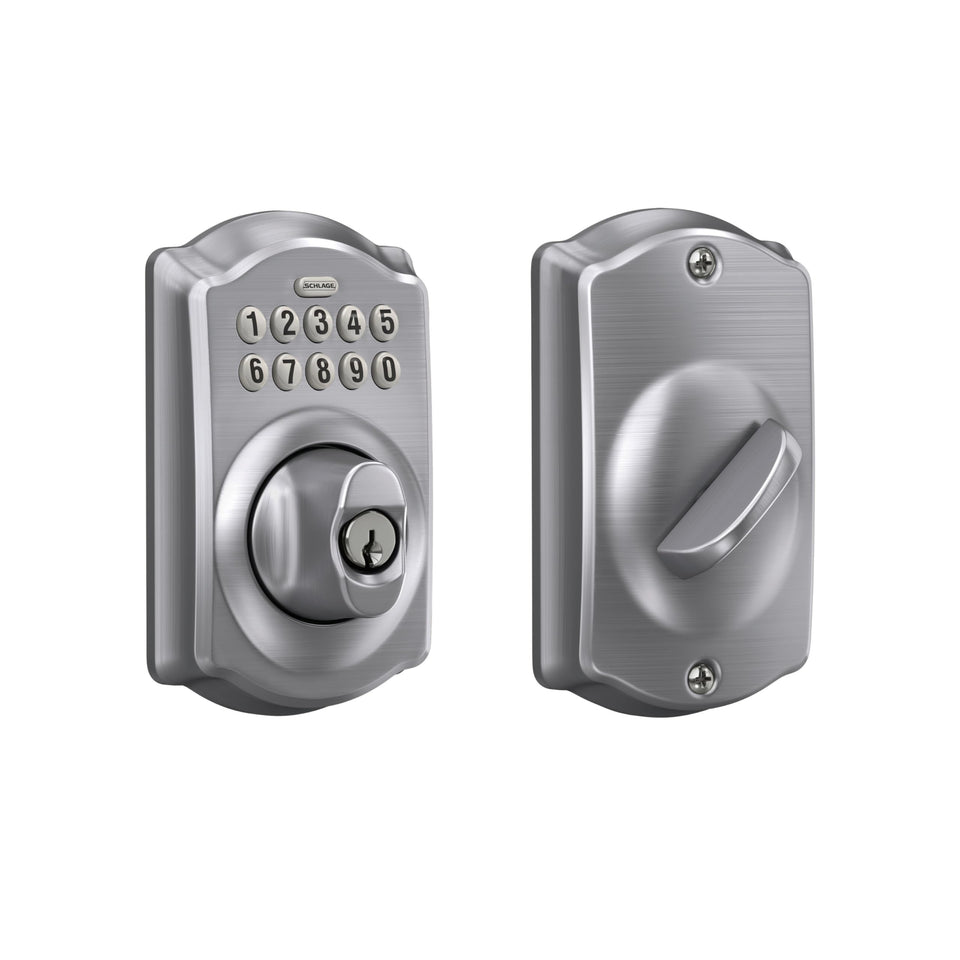 Schlage Camelot keypad deadbolt exterior with backlit numbers for easy night entry.