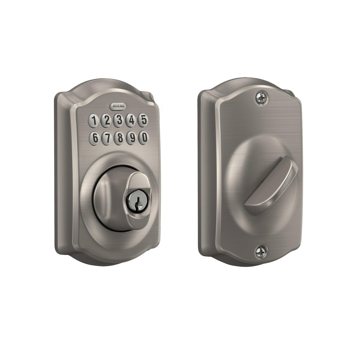 Schlage Camelot exterior keypad deadbolt in satin nickel enables keyless entry