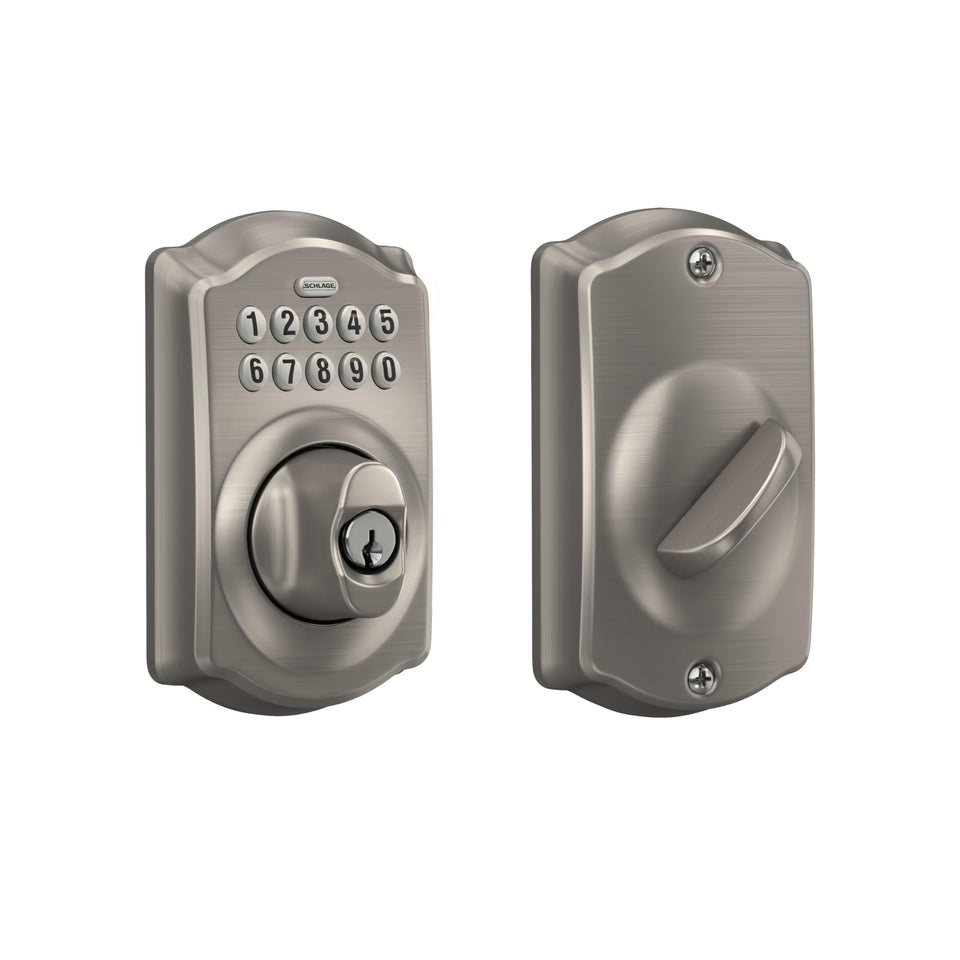 Schlage Camelot exterior keypad deadbolt in satin nickel enables keyless entry