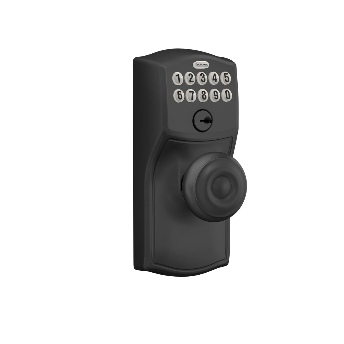 Schlage Camelot keypad-knob closeup with illuminated silicone-coated buttons for dark entry.