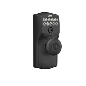 Schlage Camelot keypad-knob closeup with illuminated silicone-coated buttons for dark entry.