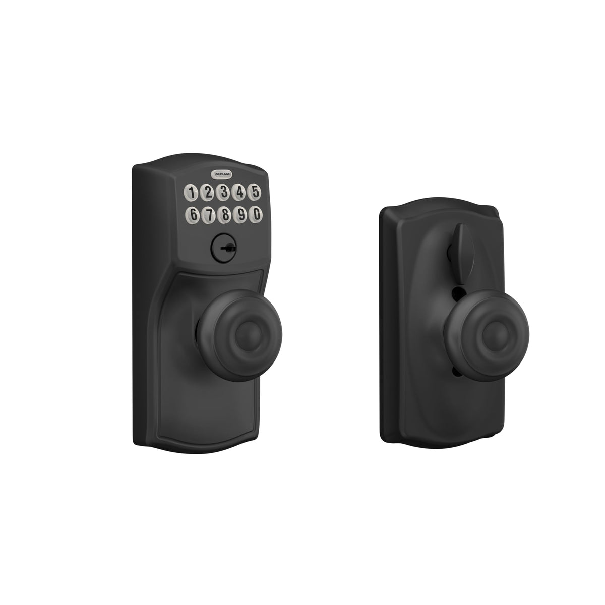 Schlage Camelot keypad with knob front view, matte black finish for secure entry.