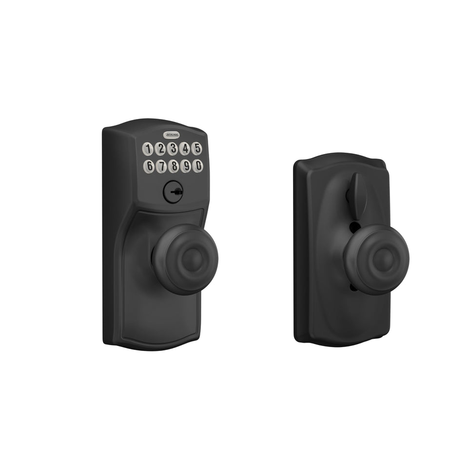 Schlage Camelot keypad with knob front view, matte black finish for secure entry.