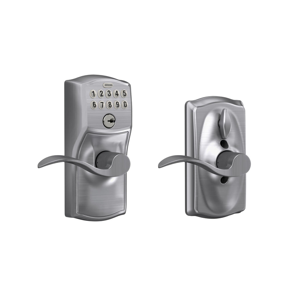 Schlage Camelot keypad lock front view with lever handle for keyless entry