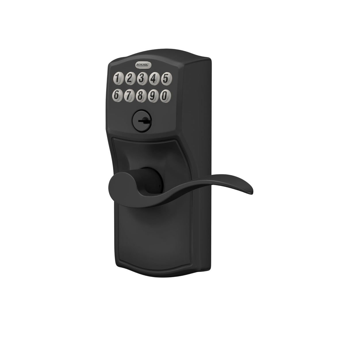 Schlage Camelot keypad with LED backlit buttons enables easy code entry at night.