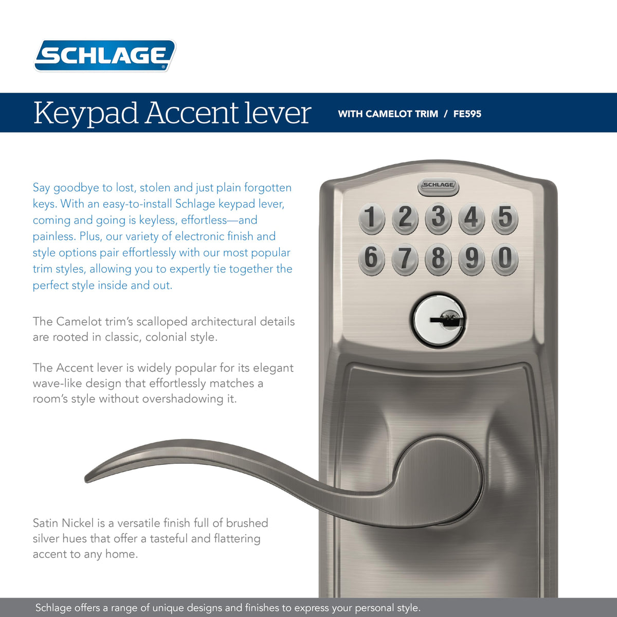 Schlage Camelot keypad lock lever battery status indicator helps prevent lockouts