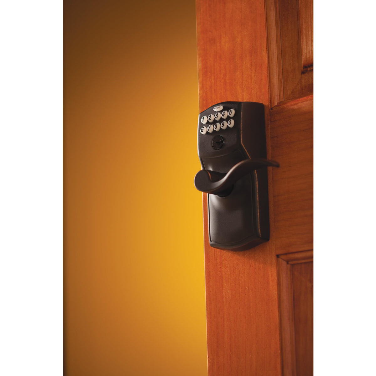 Schlage Camelot keypad lock lever bronze finish enhances curb appeal