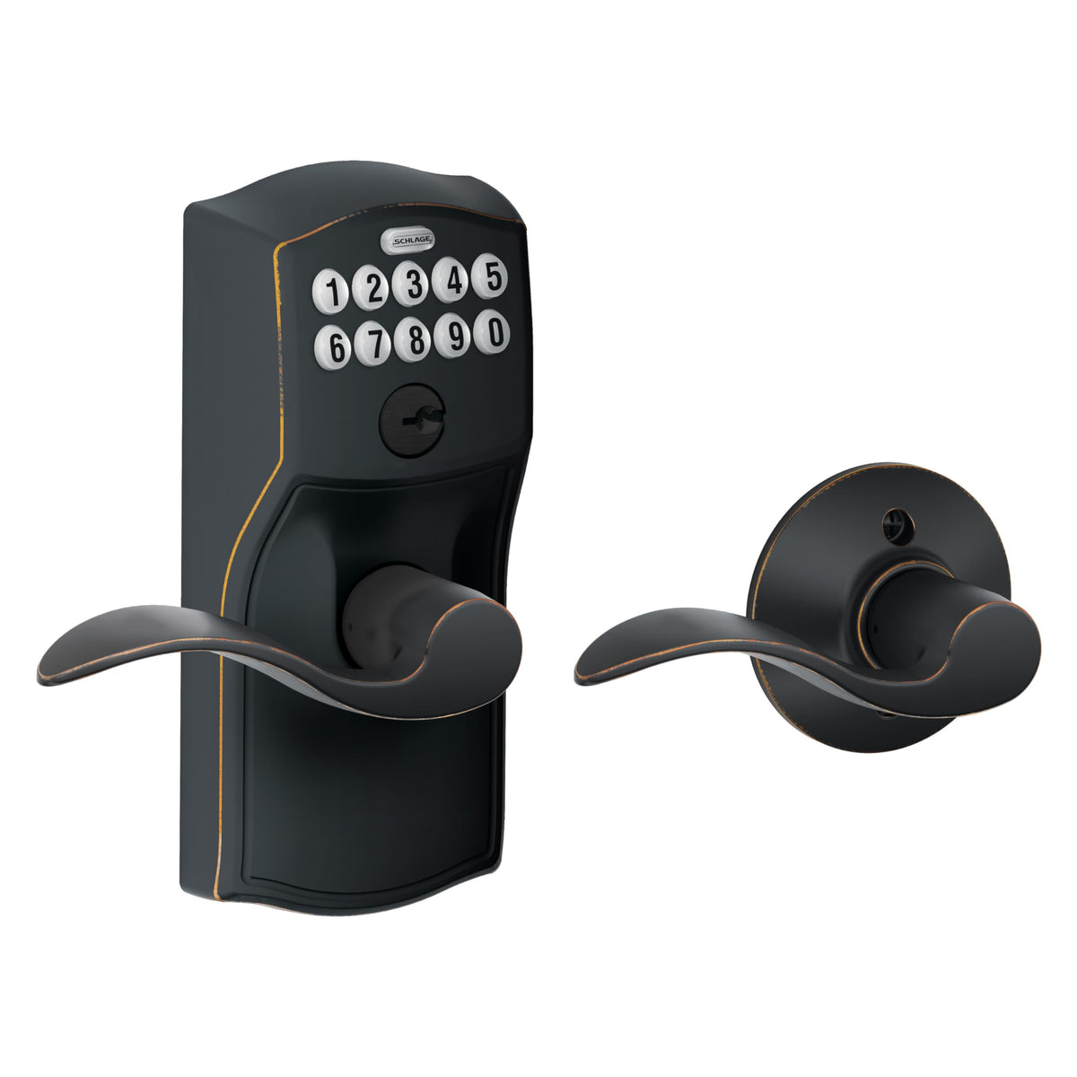 Schlage Camelot keypad lock with lever on exterior door for keyless access
