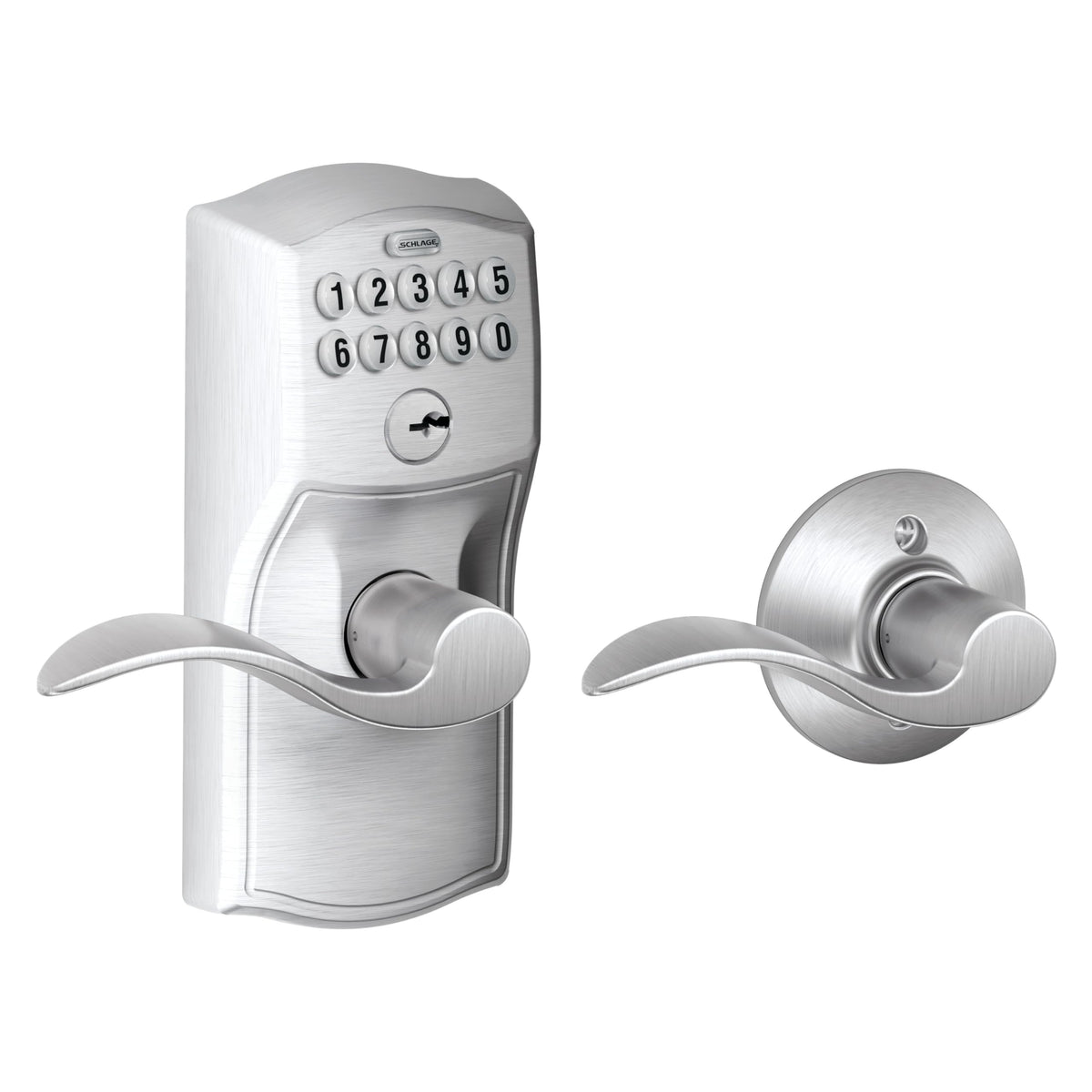 Schlage Camelot keypad lock lever in satin chrome for keyless entry and easy access.