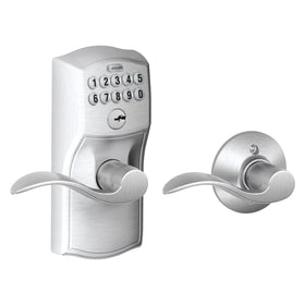Schlage Camelot keypad lock lever in satin chrome for keyless entry and easy access.