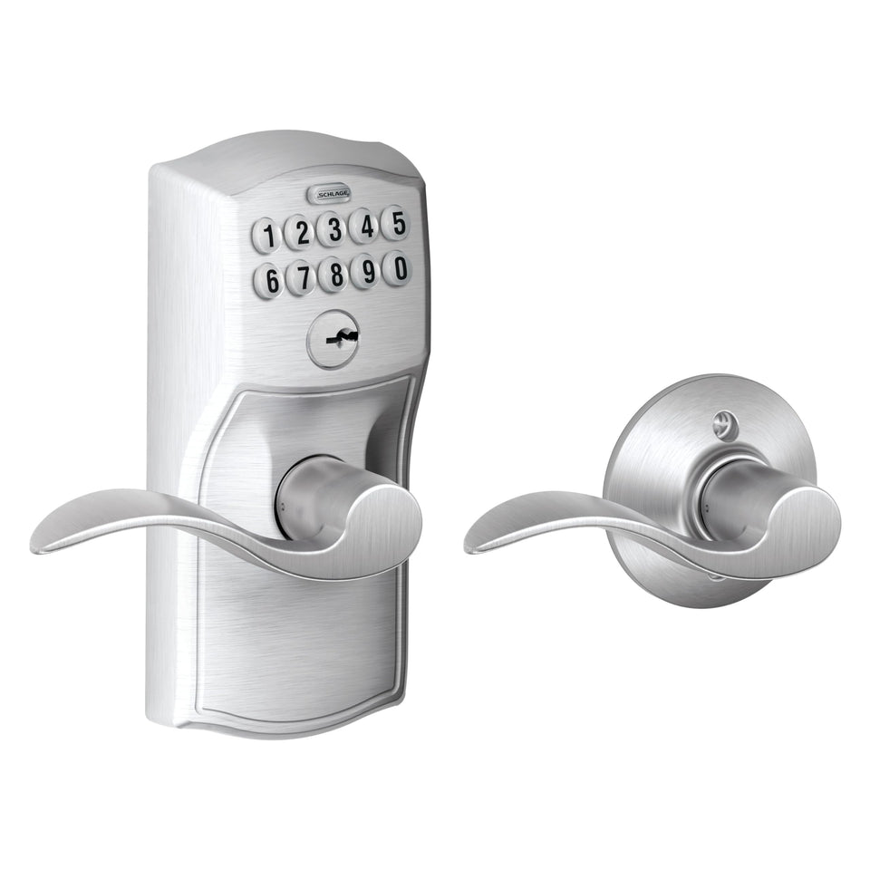 Schlage Camelot keypad lock lever in satin chrome for keyless entry and easy access.