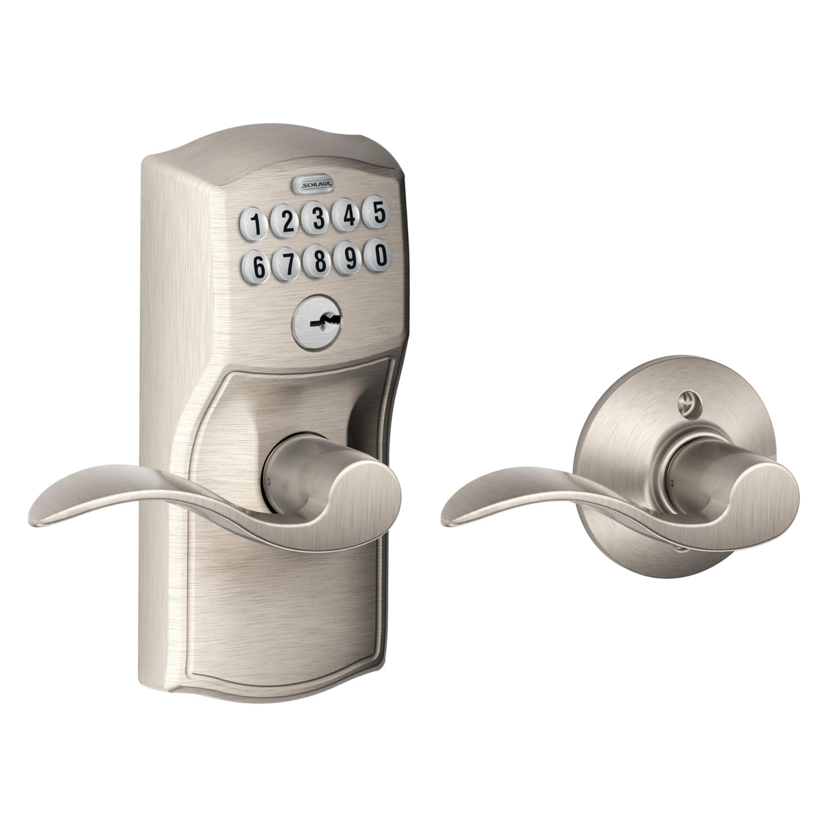 Schlage Camelot keypad lock with lever in satin nickel, front view for stylish security.