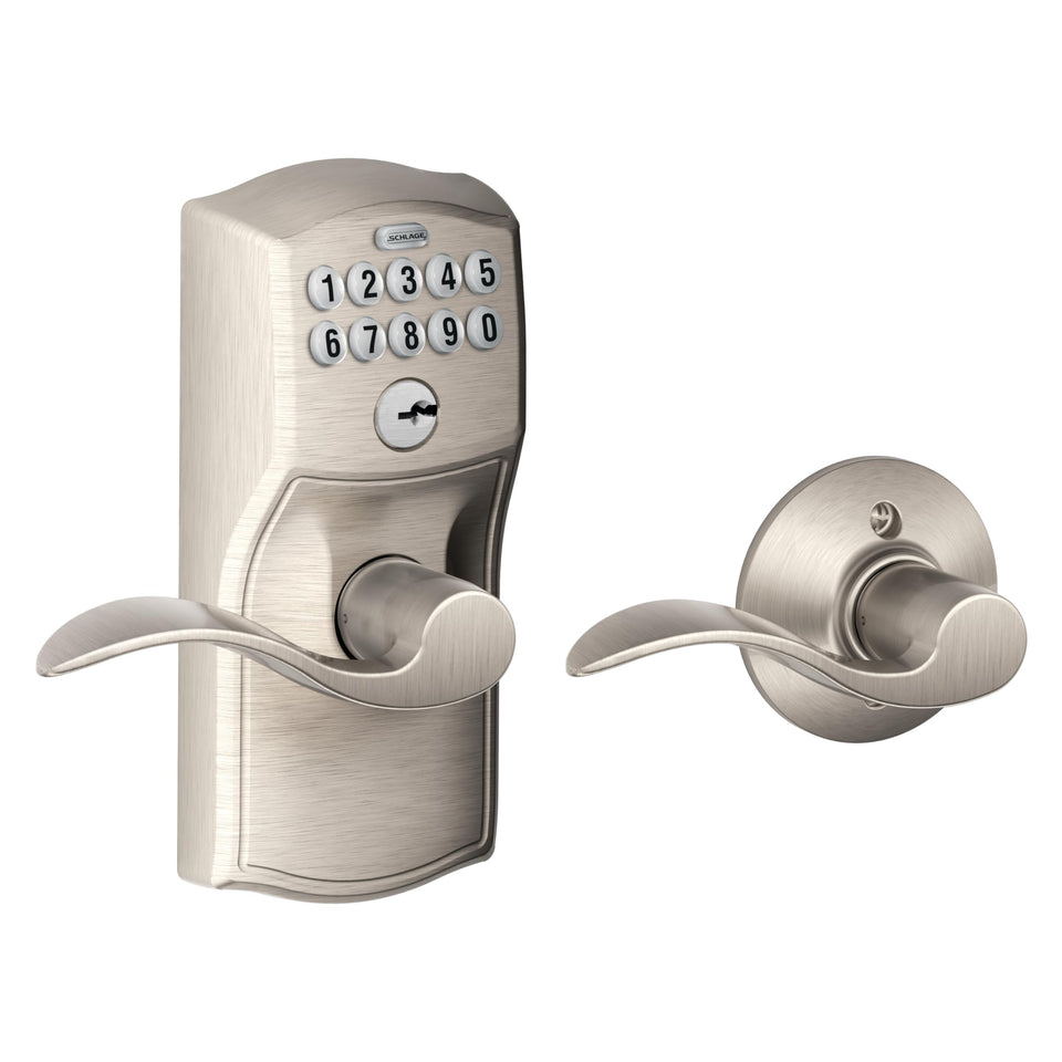 Schlage Camelot keypad lock with lever in satin nickel, front view for stylish security.
