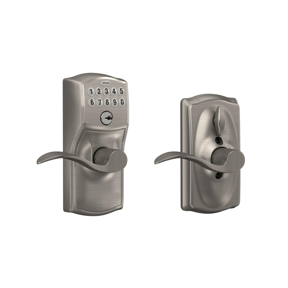 Schlage Camelot keypad lock with lever in satin nickel for keyless entry on exterior doors