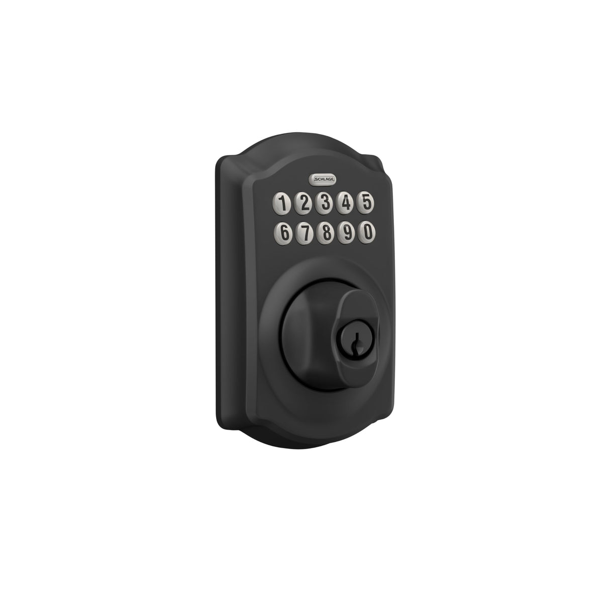 Close-up of Schlage Camelot LED backlit keypad for easy night use.