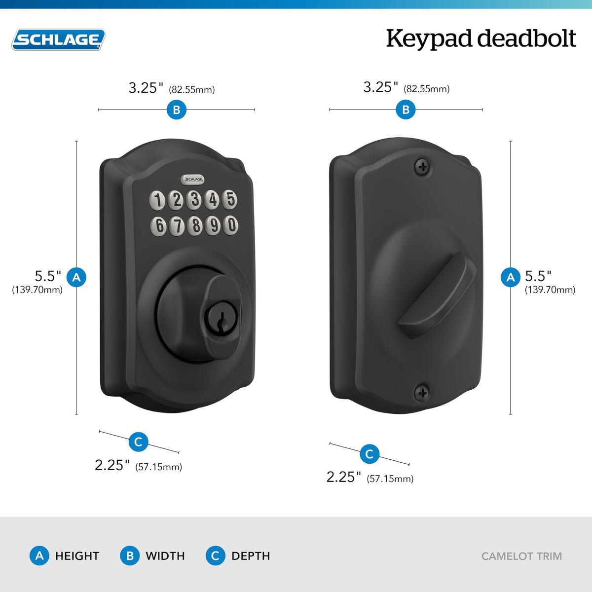 Matte black finish on Schlage Camelot door hardware for modern style.