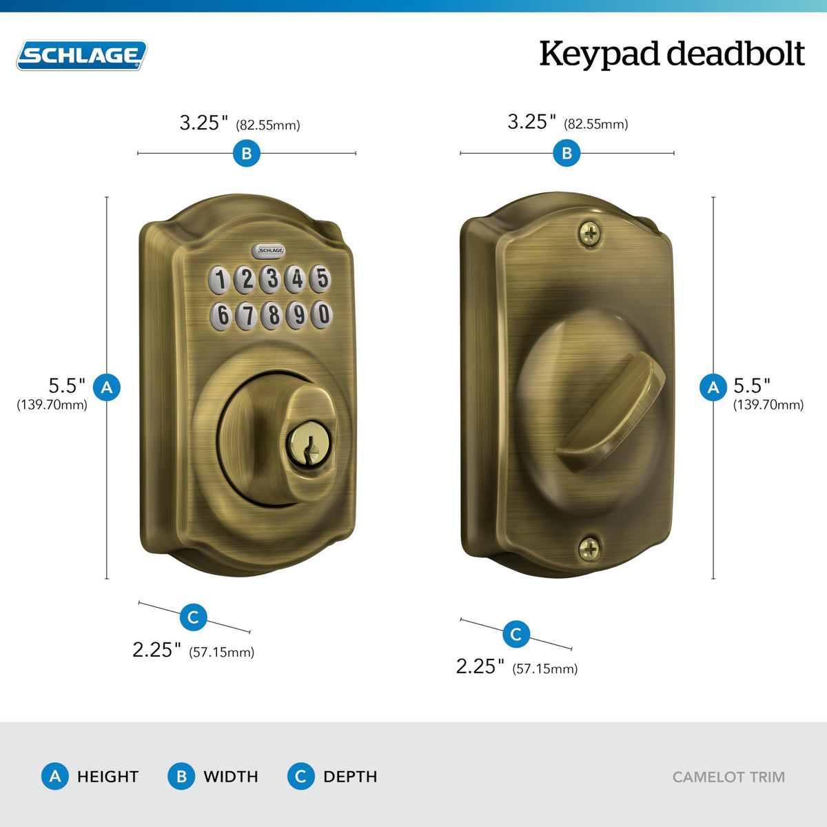 Schlage Camelot mechanical key backup included for trusted override.