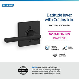 Schlage Collins trim close-up in matte black highlights strong squared profiles