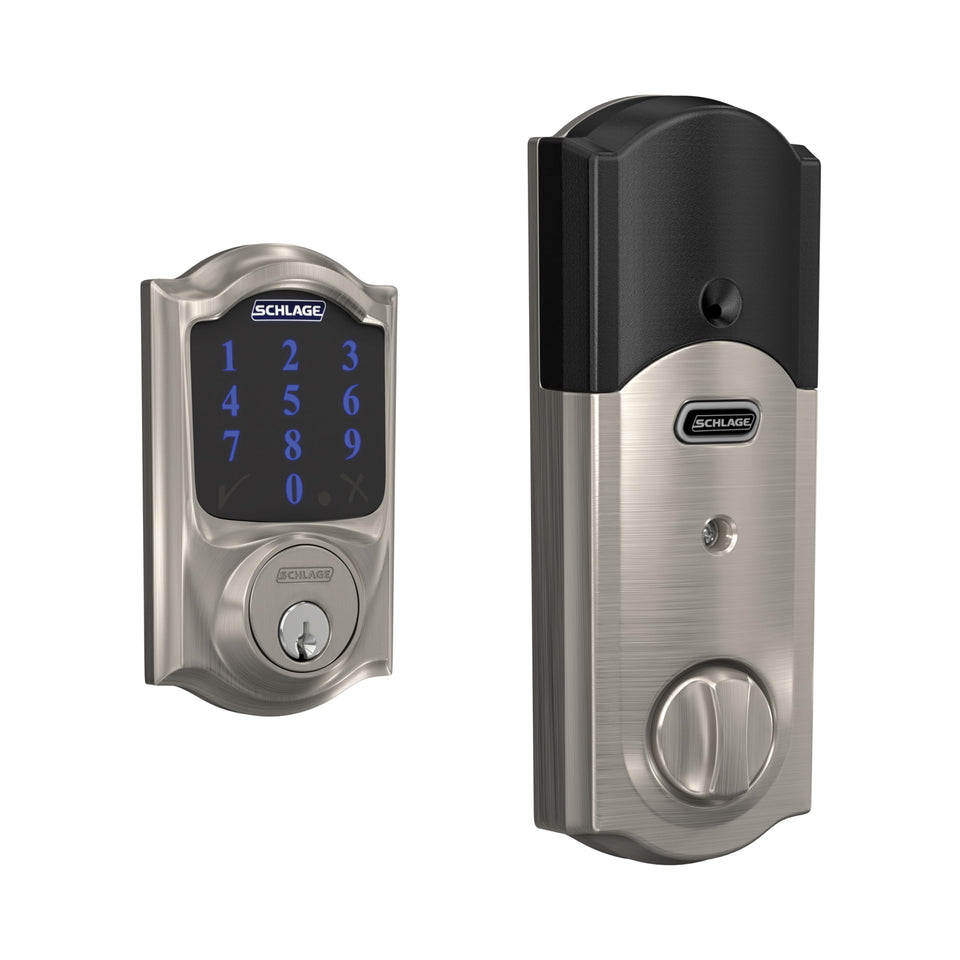 Schlage Connect deadbolt with touchscreen on front door for keyless entry convenience.