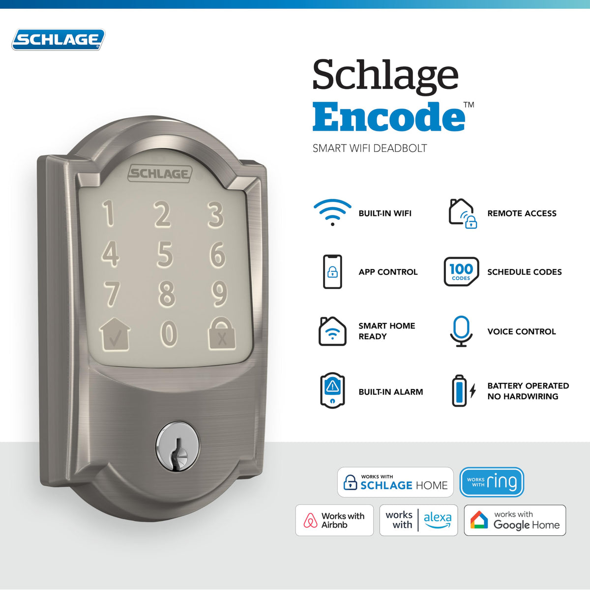 Front door installation of Schlage Encode with satin nickel finish.