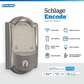 Front door installation of Schlage Encode with satin nickel finish.
