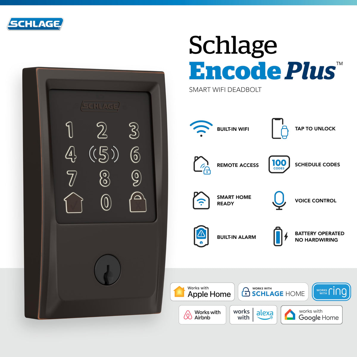 Schlage Encode Plus built-in WiFi enables remote control via the Schlage Home app.
