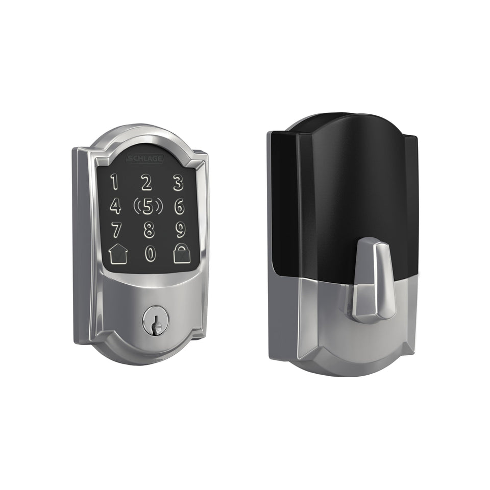 Schlage Encode Plus front door lock with keyless entry and bright chrome finish.