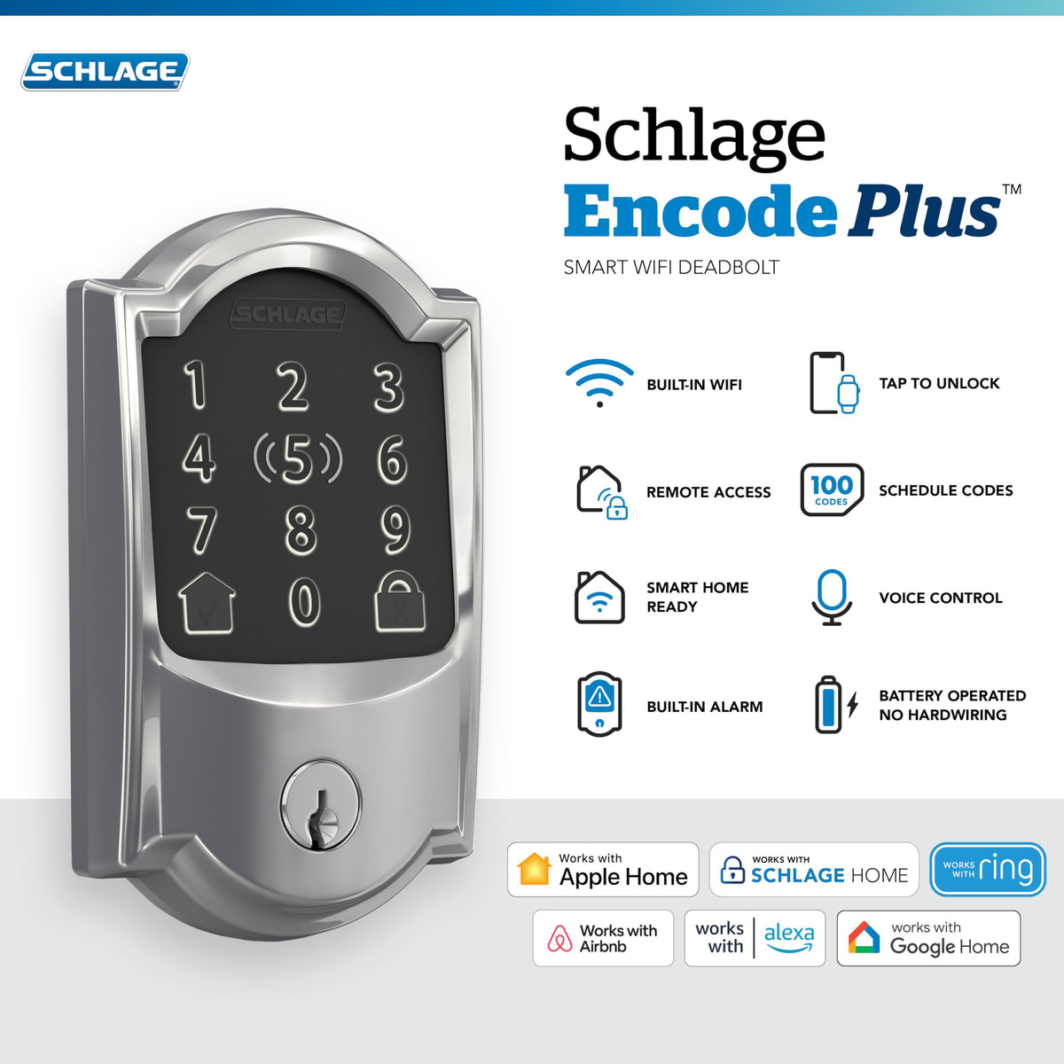 Schlage Encode Plus keypad close-up highlighting secure touchscreen for access.
