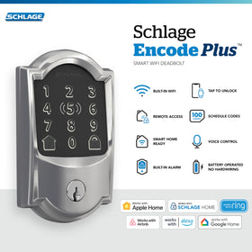 Schlage Encode Plus keypad close-up highlighting secure touchscreen for access.