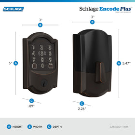 Schlage Encode Plus keypad close-up highlights fingerprint-resistant touchscreen.