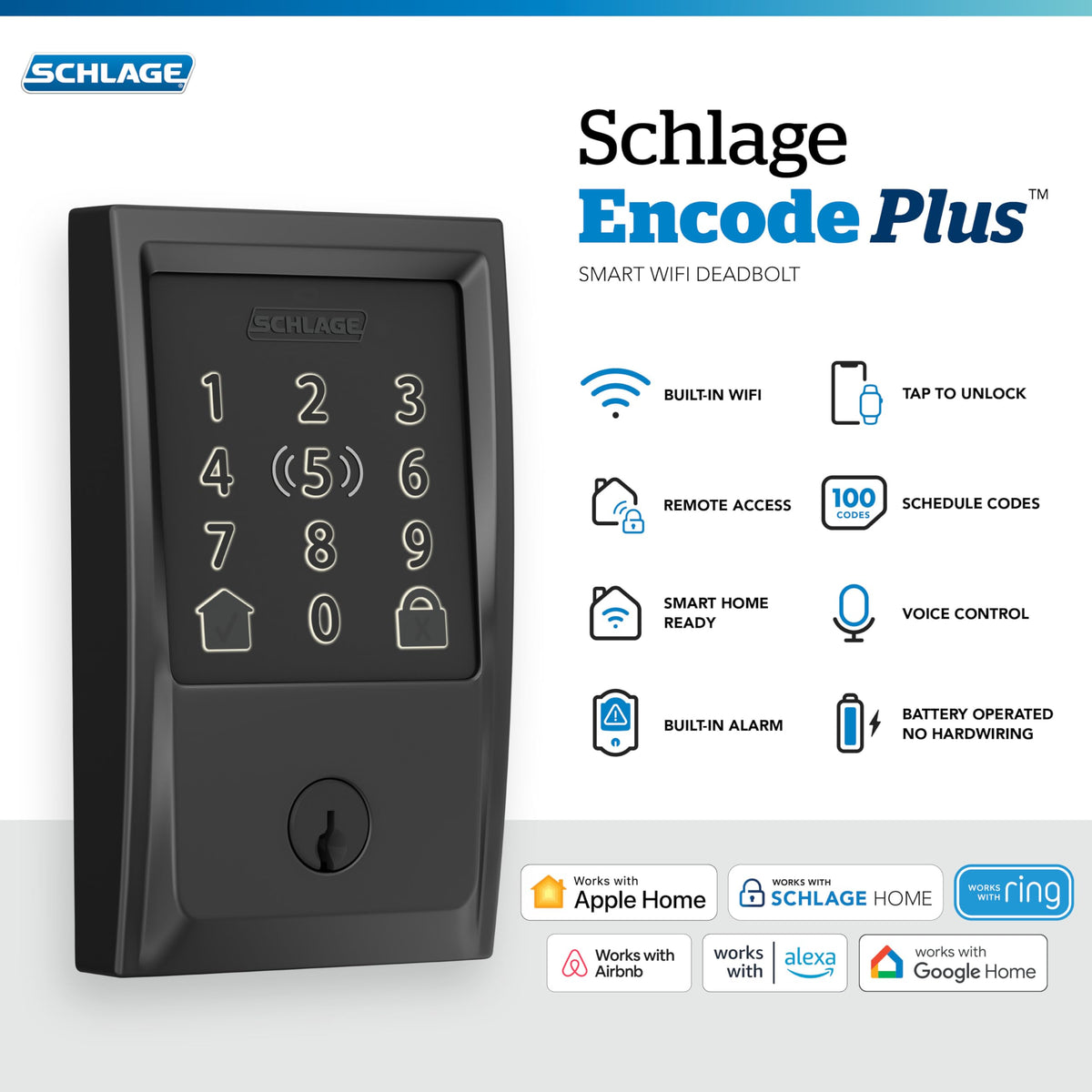 Schlage Encode Plus with tap-to-unlock supports iPhone and Apple Watch secure access.