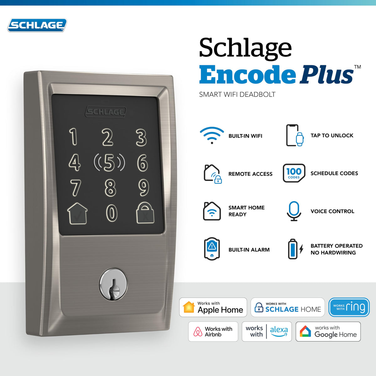 Schlage Encode Plus connects to WiFi for remote access and monitoring.
