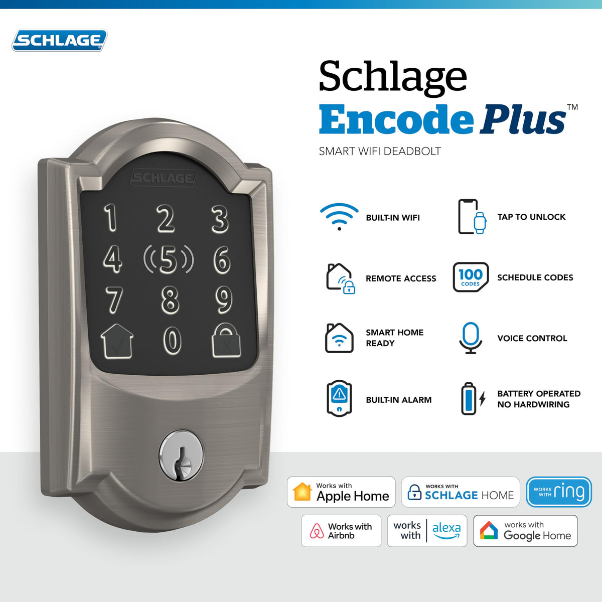 Schlage Encode Plus connects to WiFi for remote control via Schlage Home.