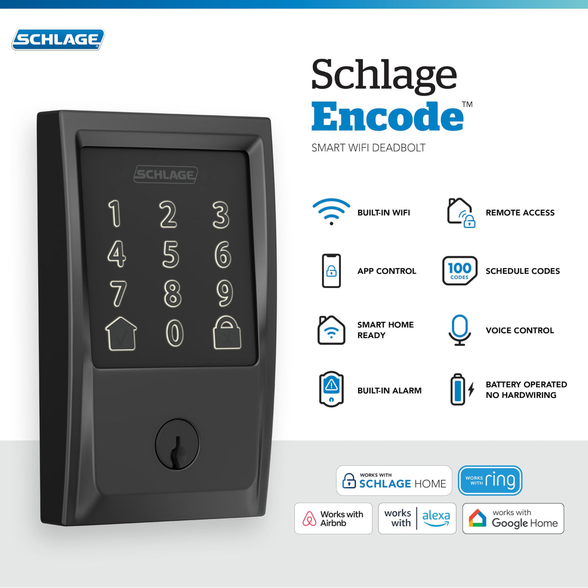 Schlage Encode keypad close-up showing fingerprint-resistant touchscreen for secure access